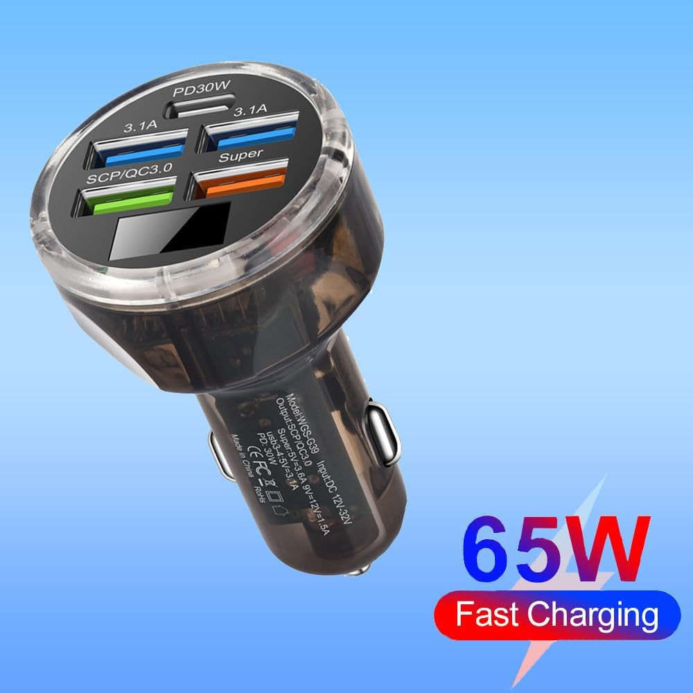 65W Multi-Port USB-C Car Phone Charger Adapter